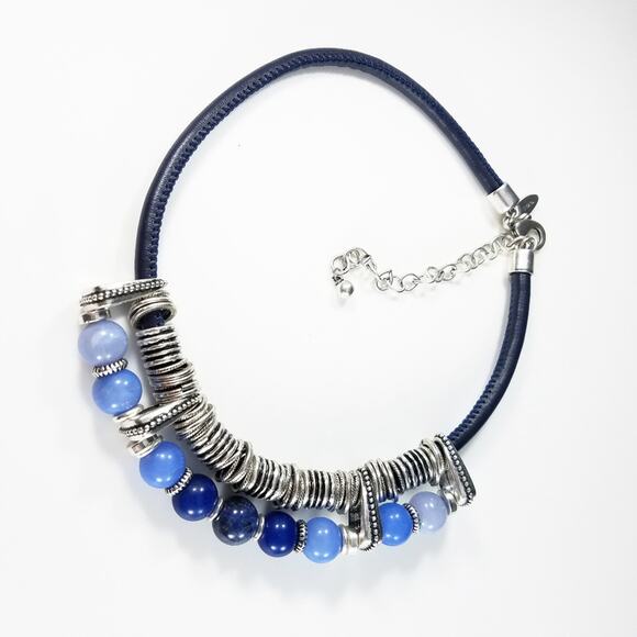 Chico's Gemstone, Lucite & Blue Leather Necklace, Silver Tone Disks, 20 Inches - Picture 7 of 7